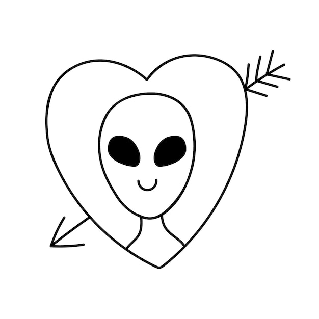 Ein verliebter alien im doodle-stil. konturvektorzeichnung eines niedlichen außerirdischen humanoiden. raumcharakter