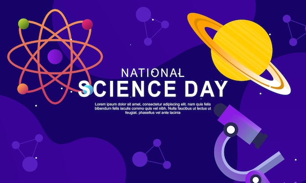 Ein violetter hintergrund mit einem violetten hintergrund und einem gelben planeten sowie einem ring mit einem ring und einem symbol für den nationalen tag der wissenschaft.
