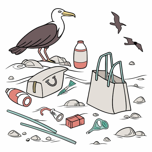 ein Vogel steht mit einem Beutel und einer Milchflasche auf dem Boden