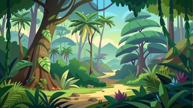 ein Wald mit einem Wald und Bergen im Hintergrund