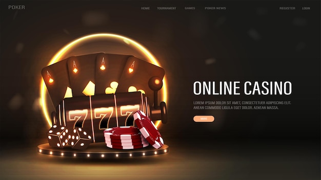 Ein webbanner für ein casino mit pokerkarten, würfeln, roten chips und einem spielautomaten auf einem podium mit neongoldenem rahmen auf schwarzem hintergrund mit text