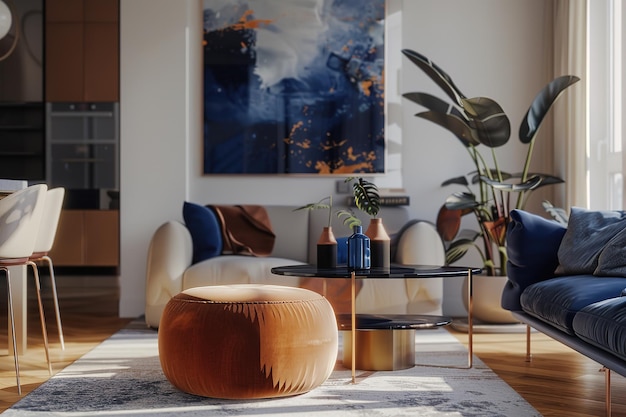 ein Wohnzimmer mit einem großen Gemälde an der Wand
