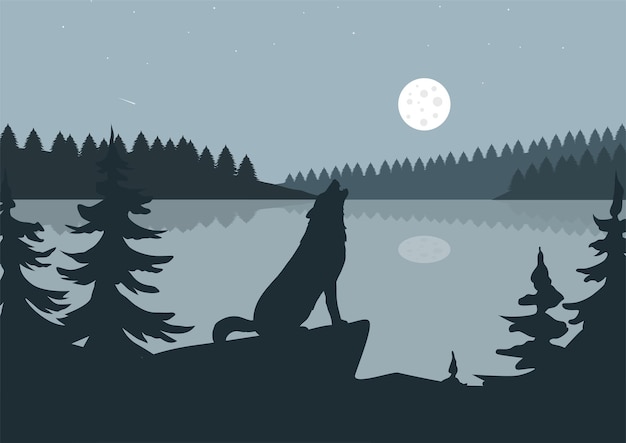 Ein wolf heult nachts im wald und see, vektorillustration.