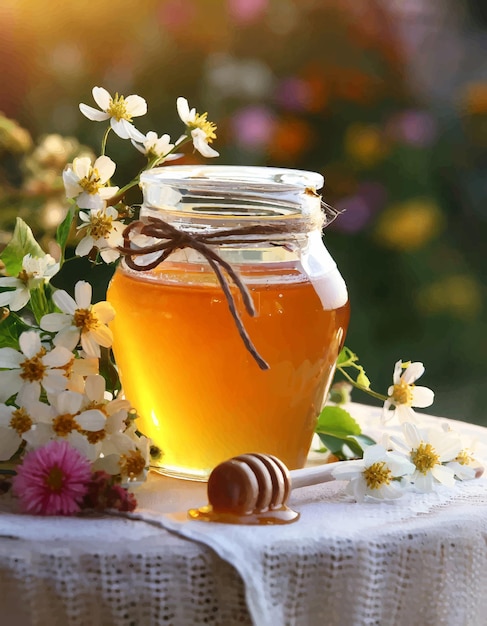 Vektor ein wunderschönes honigkrug mit blumen auf dem tisch