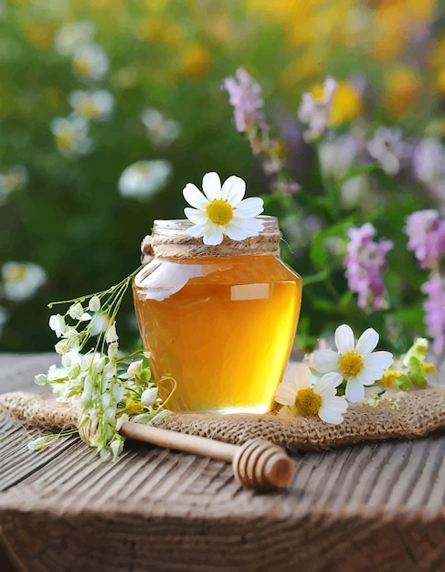 Ein wunderschönes honigkrug mit blumen auf dem tisch