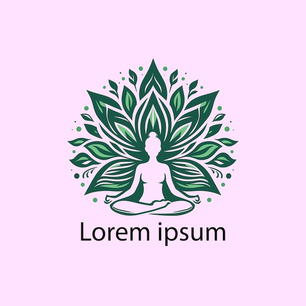 ein Yoga-Logo für einen gesunden Lebensstil mit Meditationssymbol, verziert mit Blättern in flachem Desi