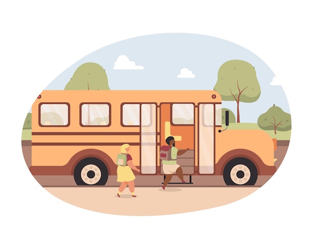 Ein Zeichentrickbild eines Schulbusses mit dem Wort Schule auf der Vorderseite.
