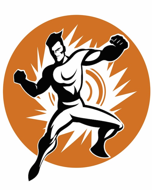 Ein Zeichentrickbild eines Superhelden mit schwarzem und orangefarbenem Hintergrund.