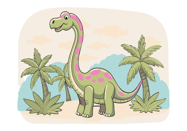 Vektor ein zeichentrickfilm-dinosaure steht vor einer palme