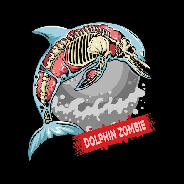 Ein zombie-delfin springt ins wasser und gestaltet dies als angler-logo