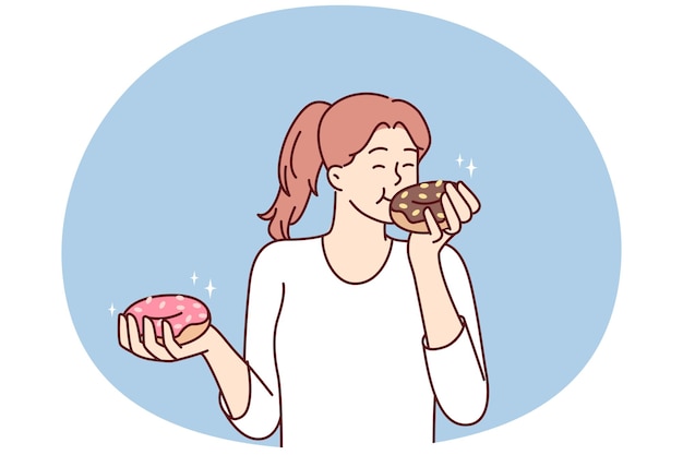 Ein zufriedenes, schönes mädchen isst im laden gekaufte donuts mit frischem gebäck und süßen desserts