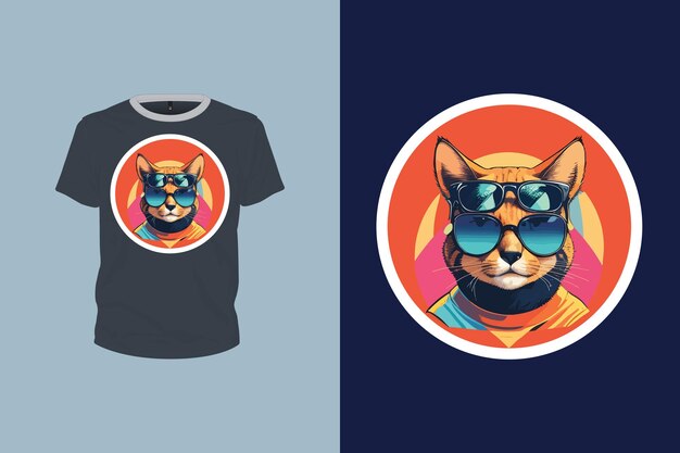 Eine abgerundete katze mit sonnenbrille als illustration für ein t-shirt-design in einer bearbeitbaren vektordatei