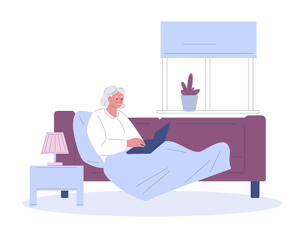 Vektor eine ältere frau liegt auf der couch mit einem laptop vektor-illustration im flachen stil