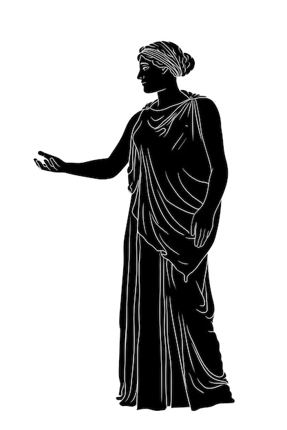 Eine alte griechische junge frau in einer tunika und einem umhang steht und gestikuliert.