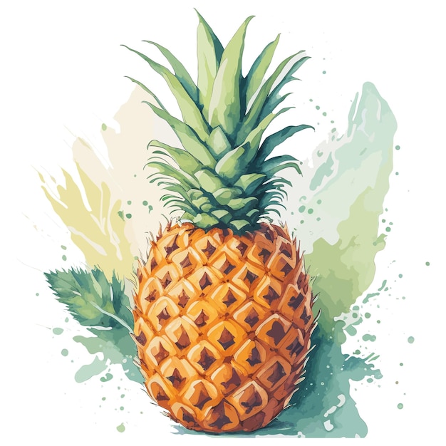 Eine Ananas steht auf weißem Hintergrund mit grünen Blättern.