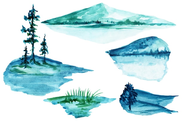 Eine aquarellillustration eines waldes blaue landschaft von bergen und wäldern