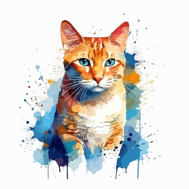 Eine Aquarellmalerei einer Katze mit blauen Augen.