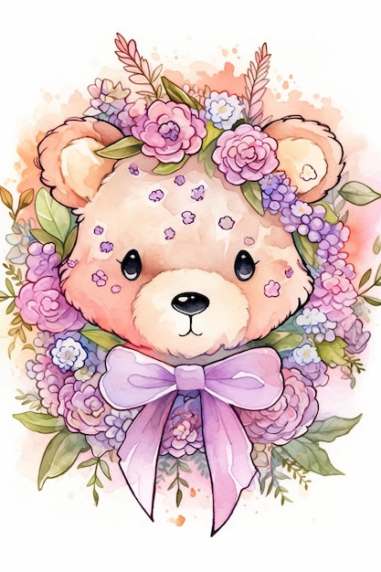 Eine Aquarellzeichnung eines niedlichen Teddybären mit Blumen.