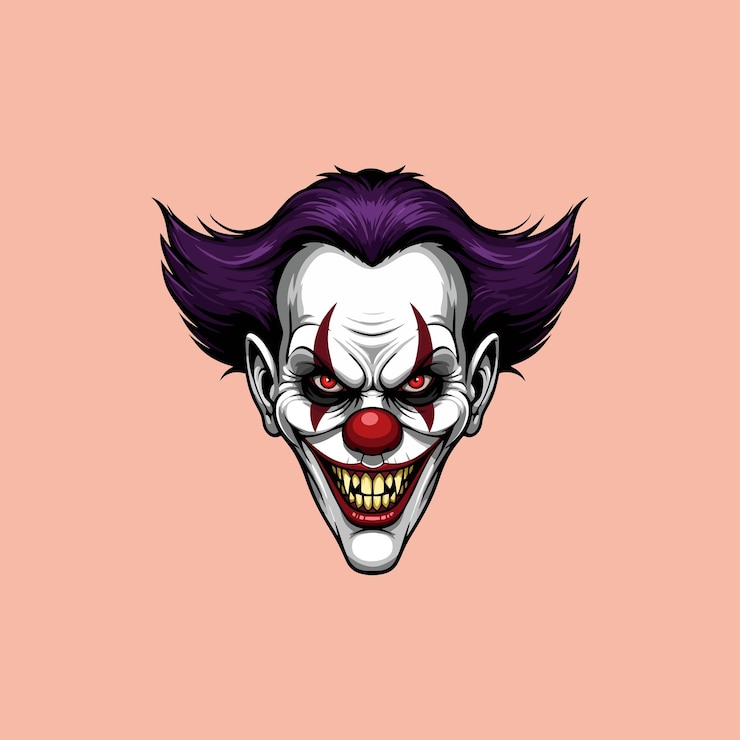 Vektor eine beängstigende darstellung eines bösen clowns mit lila haaren und einem scharfen, gezähnten grinsen