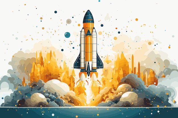 Eine beeindruckende Aufnahme einer Rakete, die in der Nähe des Planetenvektors fliegt, und Illustration