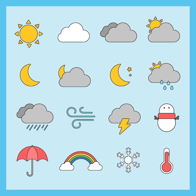 Eine blau-weiße Illustration eines Wettersymbols mit einem Regenbogen, einer Wolke und einem Regenbogen.