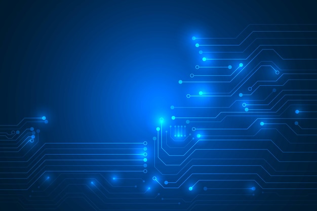 Eine blaue Computerplatine mit einer Platine in der Mittedigitale Schaltkreisleitungen und Binärcode