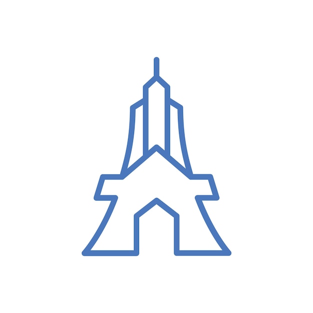 Eine blaue linienillustration eines gebäudes mit einem turm und einem turm mit einem symbol für den firmensitz.