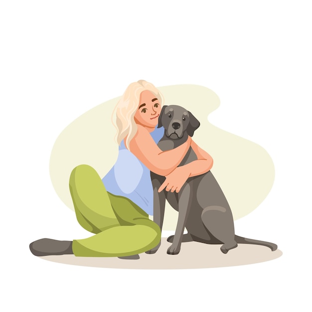 Eine blonde Frau umarmt einen grauen Hund Vektor-Illustration auf weißem Hintergrund Konzept der Freundschaft und Liebe zu Haustieren Vektorillustration