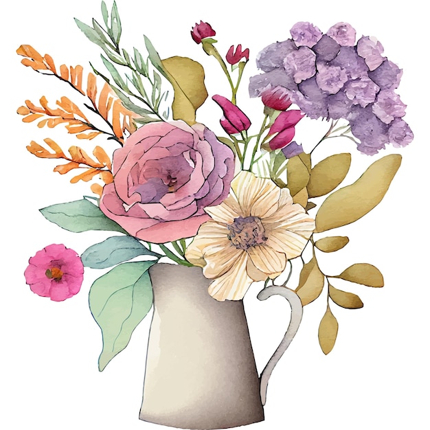 Eine Blumenvase ist mit Blumen und Blättern gefüllt.