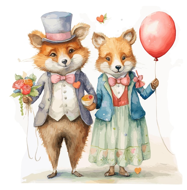 eine Braut und ein Bräutigam, Füchse, die Luftballons halten