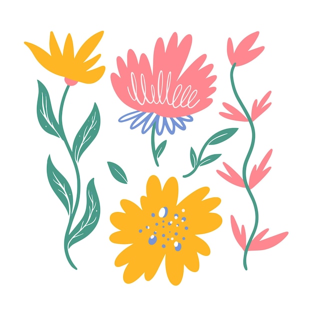 Eine bunte illustration von blumen und blättern.