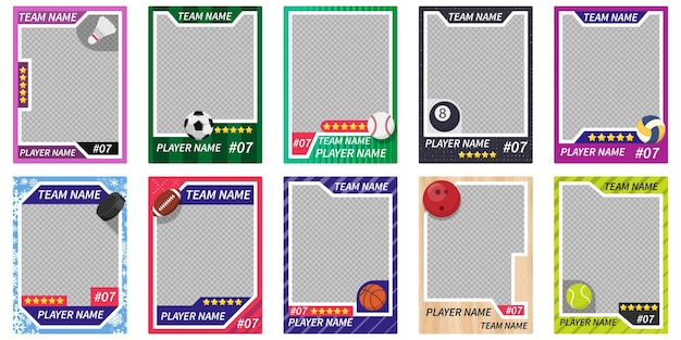 Eine bunte Sammlung von leeren Sport-Trading-Karten-Vorlagen mit verschiedenen Bällen wie Fußball