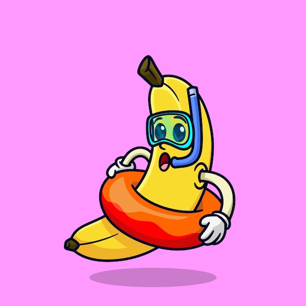 Eine cartoon-banane, die mit brille schnorchelt, isolierter premium-vektor