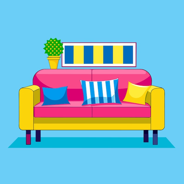 Eine Cartoon-Couch mit gelben und blauen Streifen