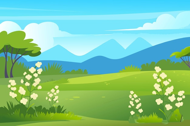 Eine Cartoon-grüne Landschaft mit Blumen und Bäumen, Frühlingswellen und Hügeln