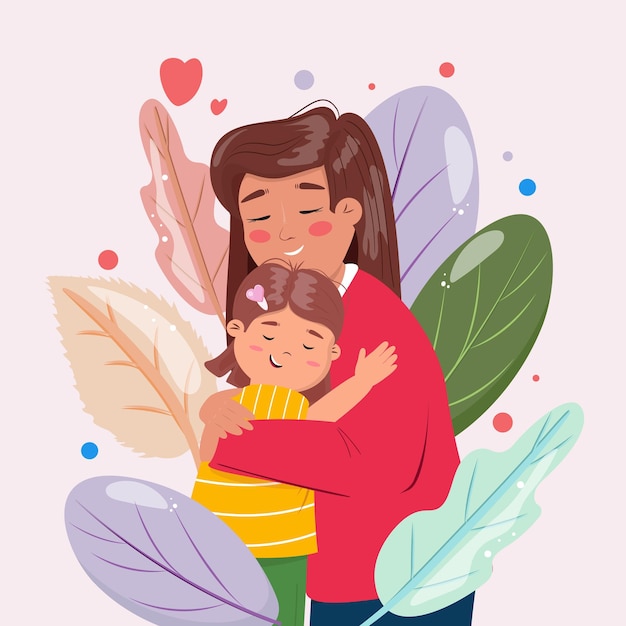 Eine Cartoon-Illustration einer Mutter, die ihre Tochter umarmt