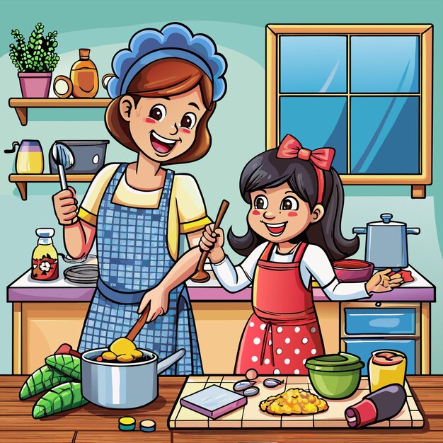 Vektor eine cartoon-illustration einer mutter und ihrer tochter, die in einer küche kochen