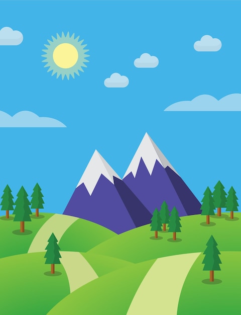 eine Cartoon-Illustration eines Berges mit Bäumen darauf