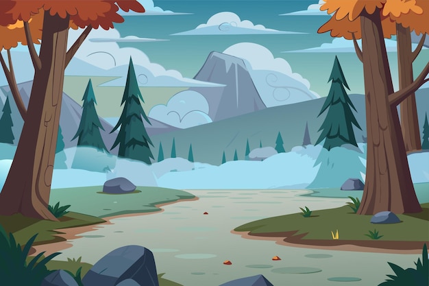 Vektor eine cartoon-illustration eines flusses mit bäumen und bergen im hintergrund