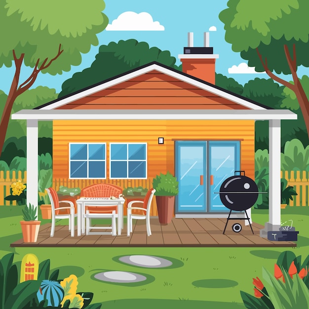 eine Cartoon-Illustration eines Hauses mit einem Grill und einem Grill