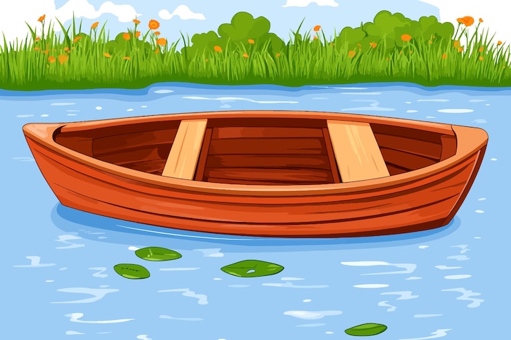 Vektor eine cartoon-illustration eines holzbootes mit den worten floating on the water