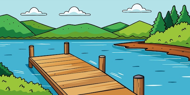 Vektor eine cartoon-illustration eines holzdocks mit einem see und bergen im hintergrund