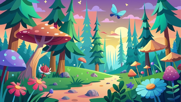 eine Cartoon-Illustration eines Waldes mit einer Waldszene