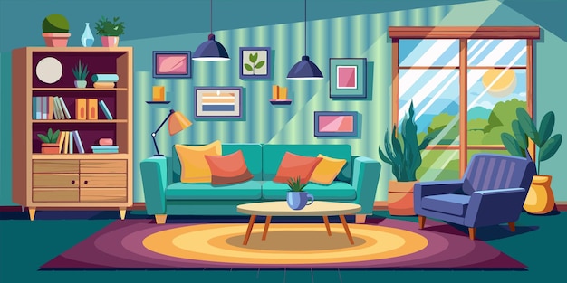 Vektor eine cartoon-illustration eines wohnzimmers mit sofa und tisch