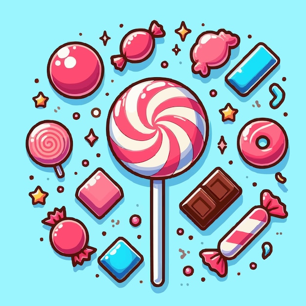 Eine cartoon-zeichnung einer schokoladenstange mit blauem hintergrund mit einem aufkleber aus süßigkeiten und den worten lollipop