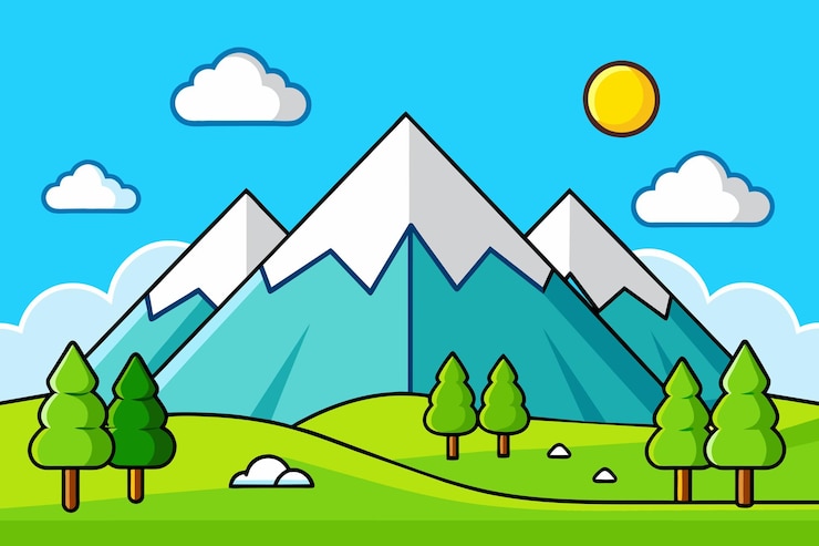 Vektor eine cartoon-zeichnung eines berges mit bäumen und einer sonne im hintergrund
