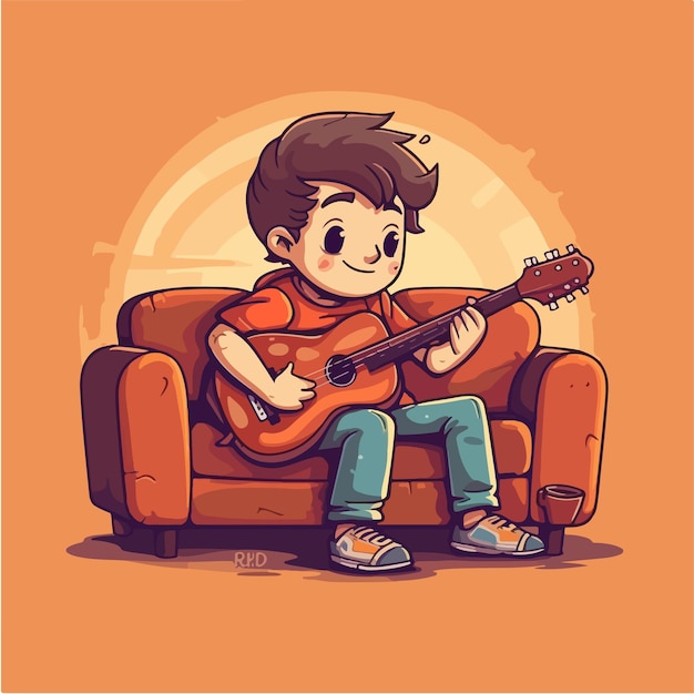 Eine cartoon-zeichnung eines jungen, der auf einer couch gitarre spielt.