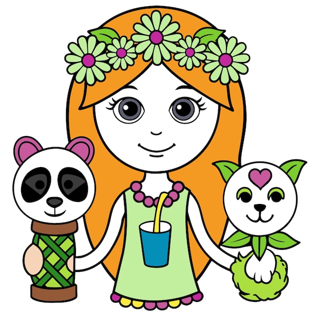 eine Cartoon-Zeichnung eines Mädchens und eines Pandas mit Blumen und Pandas