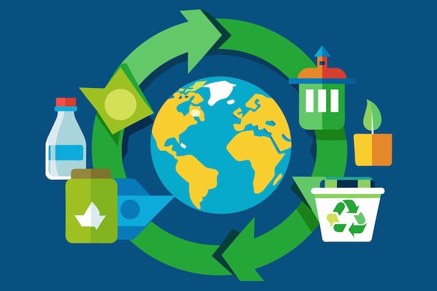 Vektor eine cartoon-zeichnung eines recyclingbehälters mit einem grünen pfeil, der nach rechts zeigt