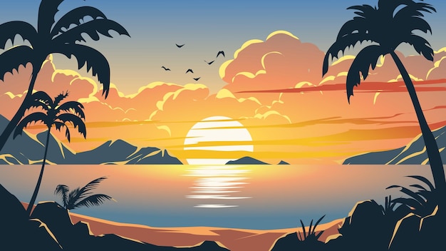 Eine Cartoonillustration einer tropischen Landschaft mit Palmen und dem Sonnenuntergang.